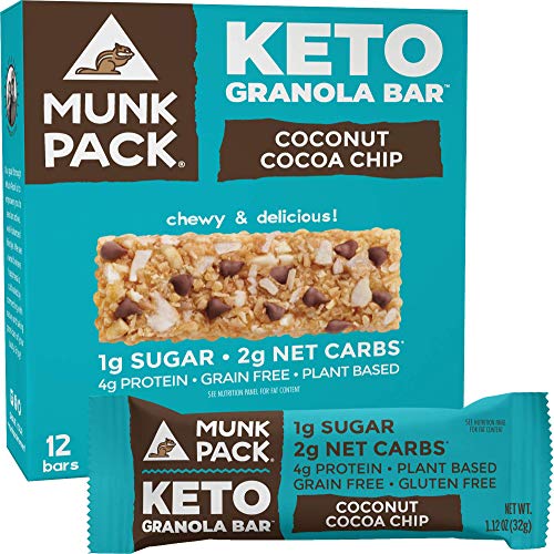 Munk Pack Keto Granola Bar, 1g Sugar, 2g Net Carbs, Keto Snacks, Chewy & Grain Free, Plant Based, Paleo-Friendly, Gluten Free, Soy Free, No Sugar Added (Coconut Cocoa Chip 12 Pack)