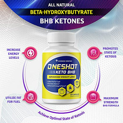 One Shot Keto Pills Keto BHB Advanced Formula – 1 Shot Keto Diet Pills As Seen on TV, Ketogenic Exogenous Ketones for Rapid Ketosis, Energy & Focus, Keto Oneshot Supplement for Men Women, 60 Capsules