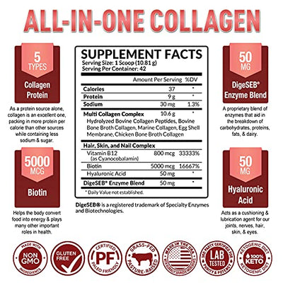 Premium Multi Collagen Powder - 5 Types of Hydrolyzed Collagen Peptides with Biotin, Hair Skin and Nails Vitamins, Bone & Joint Support - Keto-Friendly, Max Absorption, Easy Mix, Unflavored (16 oz)