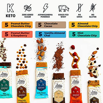 Atlas Protein Bar, Meal Replacement, Keto Snack, 30 pack, Value Pack of Chocolate Cacao, Peanut Butter Choc. Chip, Vanilla Almond Chai, Almond Choc. Chip, Peanut Butter Raspberry, Mint Choc. Chip