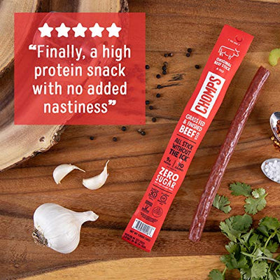 CHOMPS Grass Fed Beef Jerky Meat Snack Sticks, Keto, Whole30 Approved, Paleo, Low Carb, High Protein, Gluten Free, Sugar Free, Non-GMO, Nitrate Free, 90 Calories 1.15 Oz, Original Beef 10 Pack