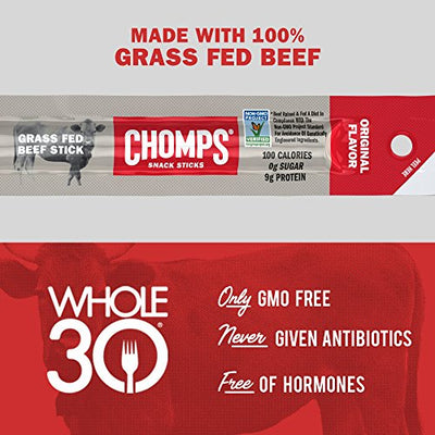 CHOMPS Grass Fed Original Beef Jerky Snack Sticks, Keto, Paleo, Whole30 Approved, Non-GMO, Gluten Free, Sugar Free, High Protein, 90 Calorie Snacks, 1.15 Oz Meat Stick, Pack Of 24