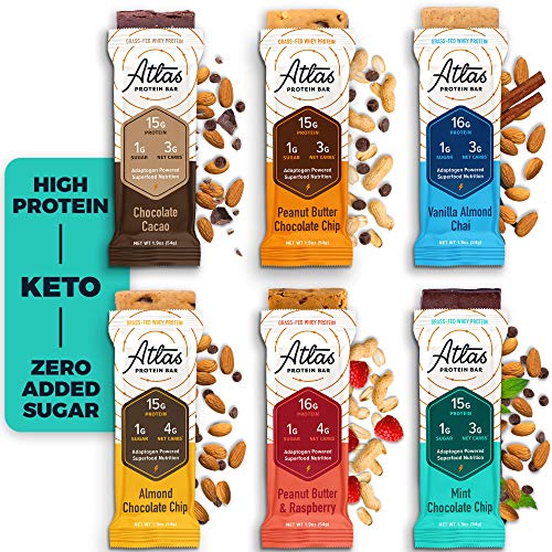 Atlas Protein Bar, Meal Replacement, Keto Snack, 10 pack, Ultimate Pack of Chocolate Cacao, Peanut Butter Choc. Chip, Vanilla Almond Chai, Almond Choc. Chip, Peanut Butter Raspberry, Mint Choc. Chip