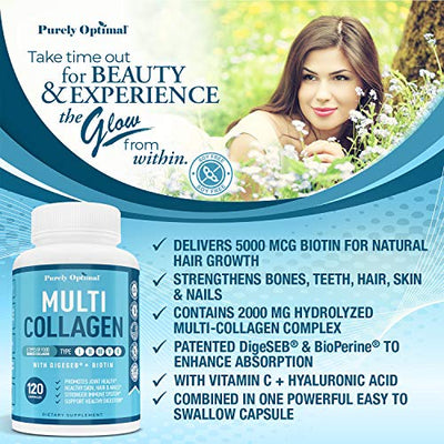 Premium Multi Collagen Peptides (Types I, II, III, V, X)-Collagen Pills for Skin Care, Hair Growth, Nails, Joints & Anti-Aging - Vitamin C, Hyaluronic Acid, Biotin, Gluten Free, 120 Collagen Capsules