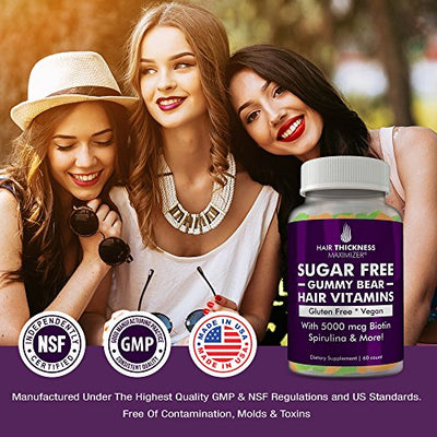 Sugar Free Hair Gummy Bear Vitamins by Hair Thickness Maximizer with Biotin 5000 mcg. Vegan, Gluten Free, Chewy Natural Hair Vitamin Gummies for Men and Women. Great for Hair Growth, Skin and Nails