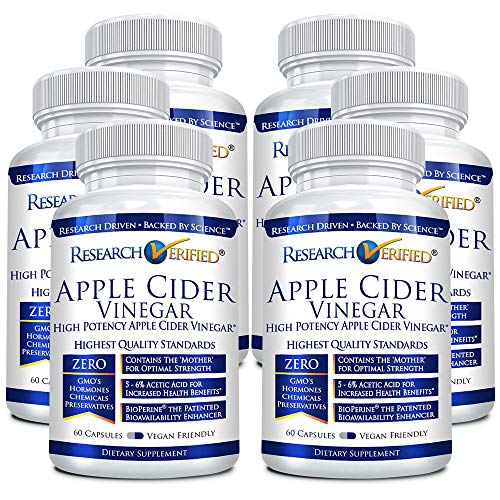 Research Verified Apple Cider Vinegar 1600mg – 100% Pure Vegan Mother ACV Capsules – with Bioperine® 360 Capsules ( 6 Months Supply)