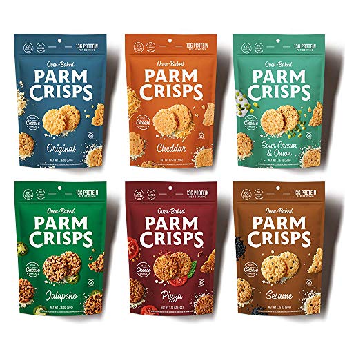 ParmCrisps Cheese Crisps 1.75oz 6 Count Variety Pack, Keto Gluten Free Snacks | Original Parmesan, Pizza, Sour Cream & Onion, Cheddar, Jalapeno, and Sesame | 100% Cheese Crisps, Gluten Free, Keto-Friendly, Sugar Free, Low Carb, High Protein