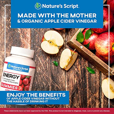 Organic Apple Cider Vinegar Gummies with The Mother, 70 Count, Energy Detox ACV Supplement for Men and Women with Vitamin B12 by Nature's Script